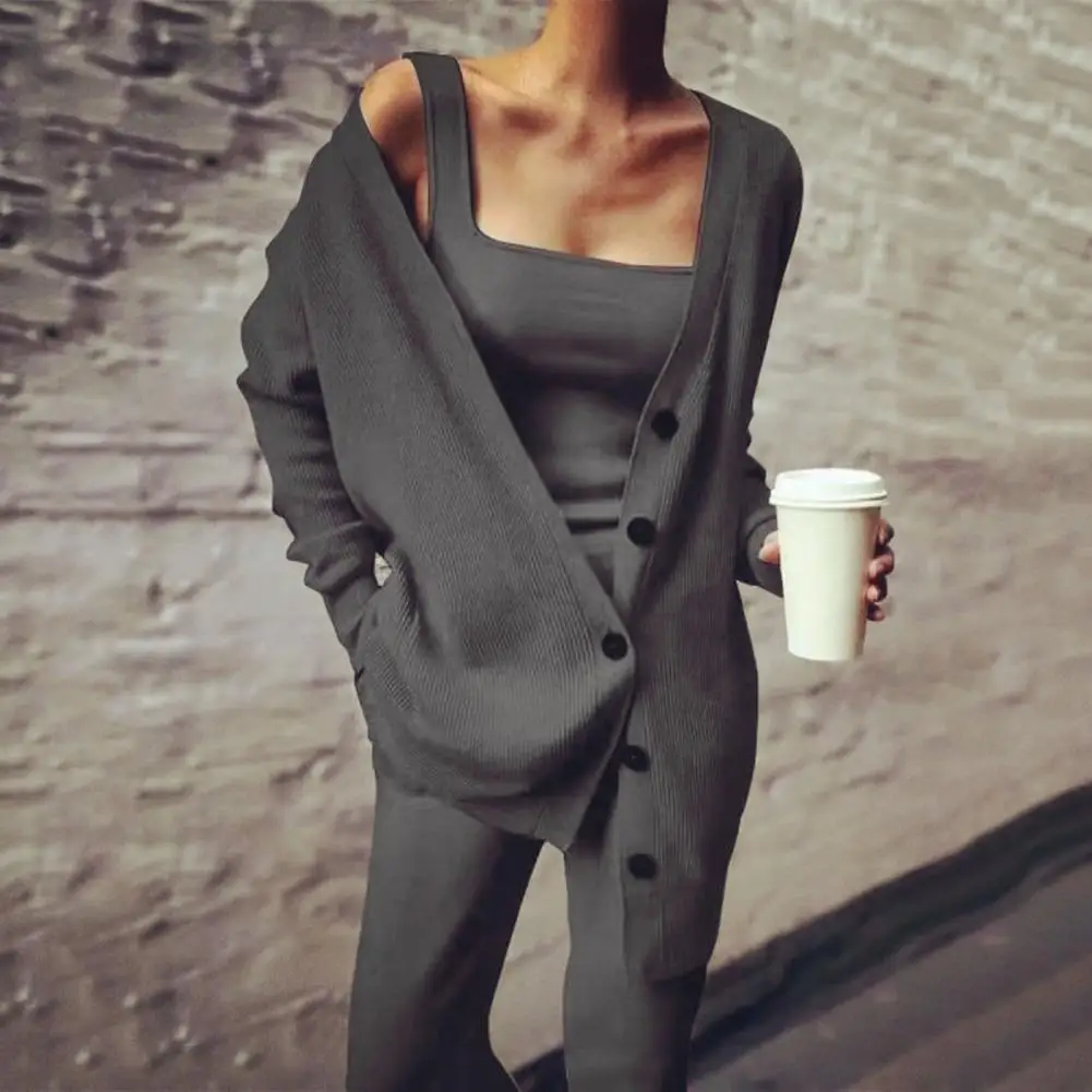 1 Set Women Knitted Outfit Tank Top Cardigan Pants Three-piece Set Solid Color Long Sleeves Knitted Suit Spring Autumn Ladies Of