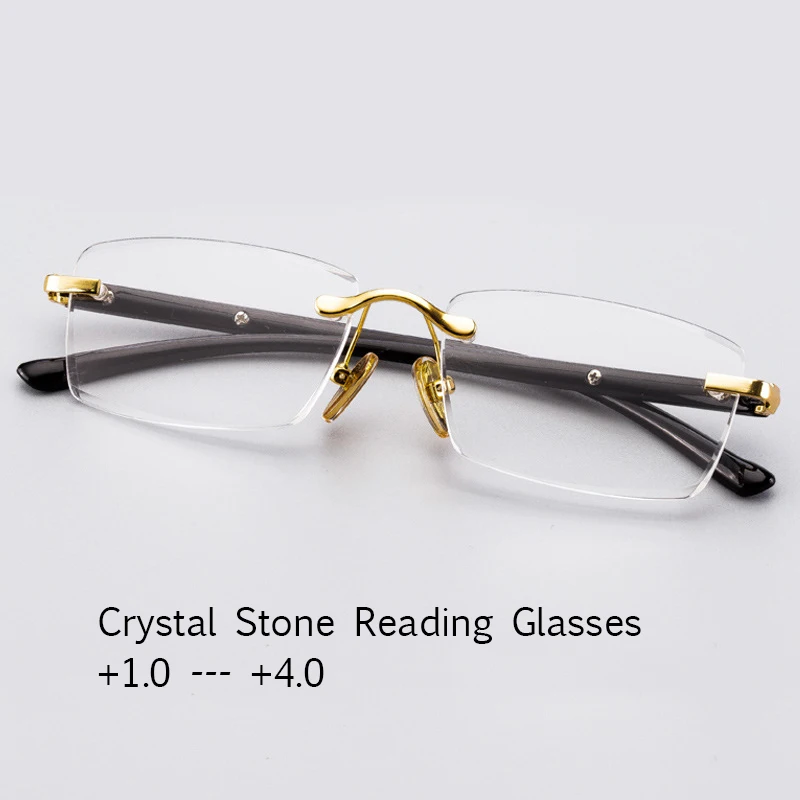 

Rimless Glass Business Reading Glasses Man Women Natural Crystal Stone Lens Presbyopic Diopter +1.0 +2.0 +4.0 Moisturizing Eye