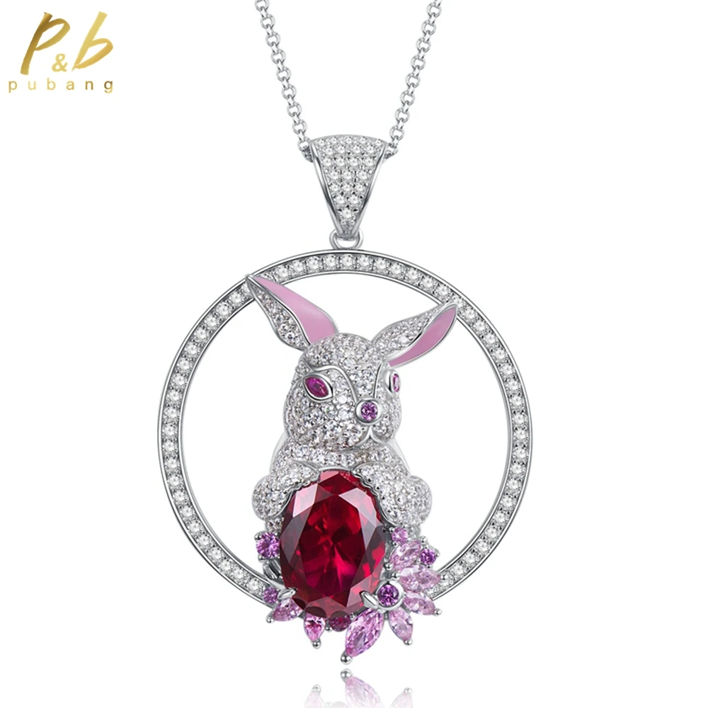 PuBang Fine Jewelry 925 Sterling Silver Ruby Created Moissanite Rabbit Pendant Necklace for Women Anniversary Gift Drop Shipping