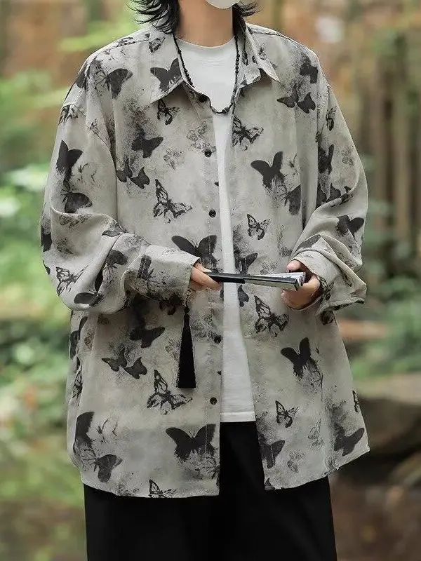 

Loose Long Sleeve Men's Shirt Print Casual Outerwear Spring Summer Trendy Hong Kong Style Fashionable Versatile Shirt