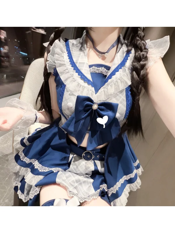 Sweet And Spicy Cosmaid Uniform Dress Cute Lolita Navy Collar Blue Top Color Block Puffy Skirt Women's Fashion Set Summer Outfit