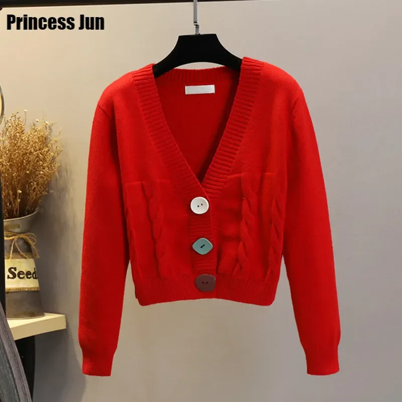 

Sweet Girl Red V Neck Short Sweater Women Twist Knit Slim Cardigan Spring Fall Fashion Colorful Buttons Knitwear Long Sleeve Top