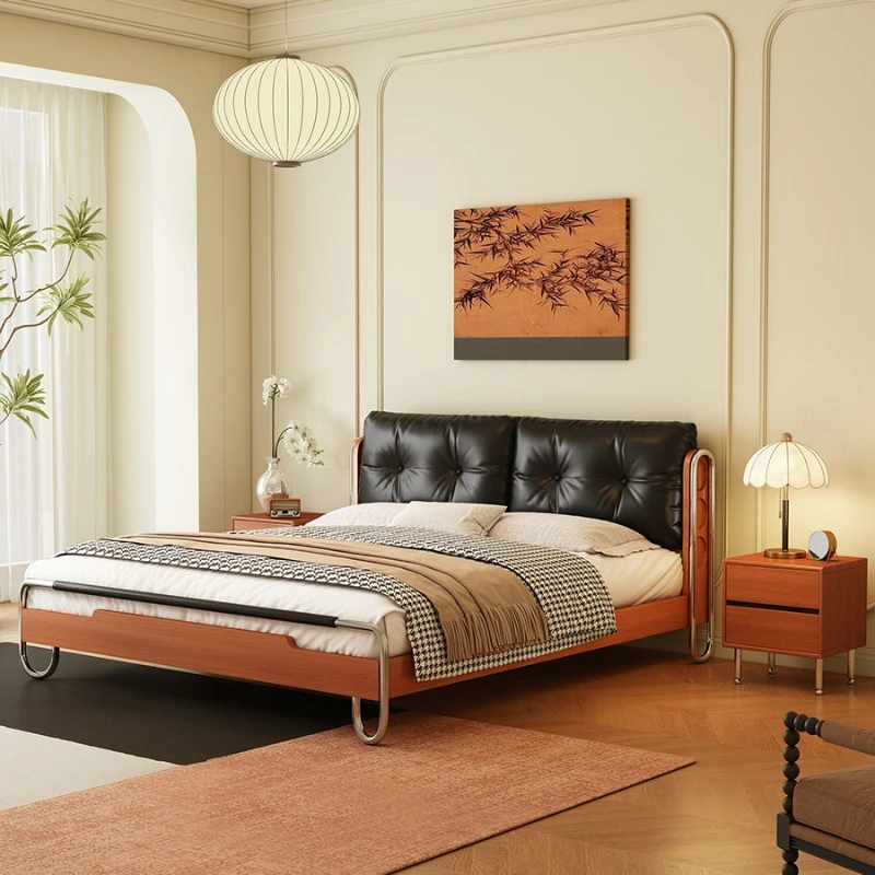 

French retro soft bag bed medium antique black leather bed solid wood household small apartment master bedroom streaming bed