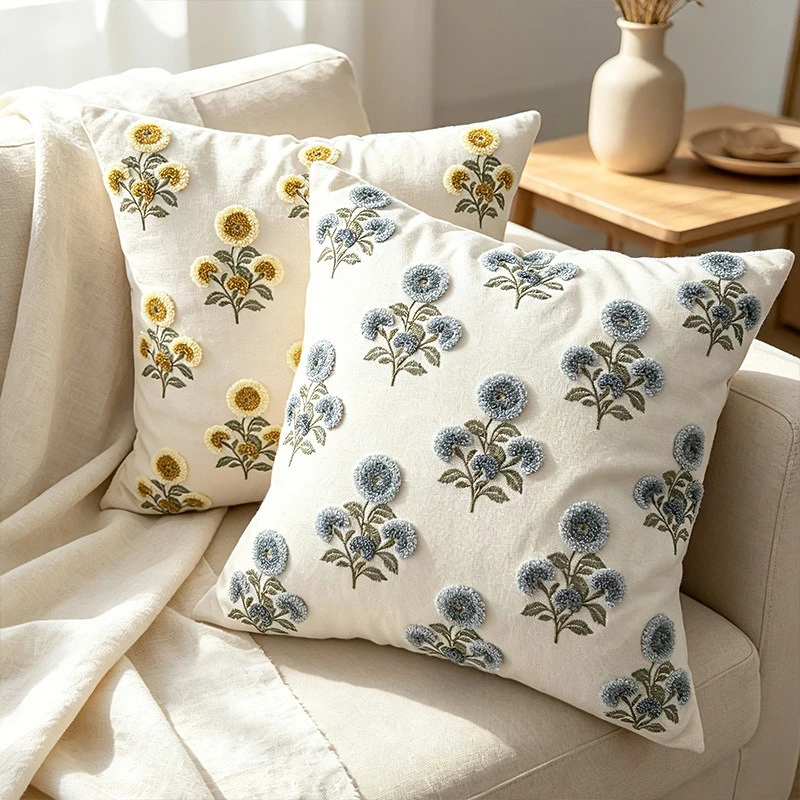 2026 New Fresh Floral Canvas Embroidered Pillow – Vintage Flower Cushion Cover for Spring Home Decor