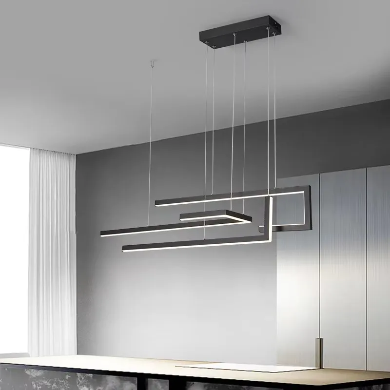 

Moderne Minimalisme Led Hanglamp Voor Eetkamer Keuken Bar Woonkamer Slaapkamer Zwarte Rechthoek Dimbare Kroonluchter Lichten