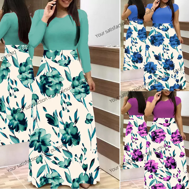 

European and American style flower printing color matching long-sleeved dress long women's large swing skirt