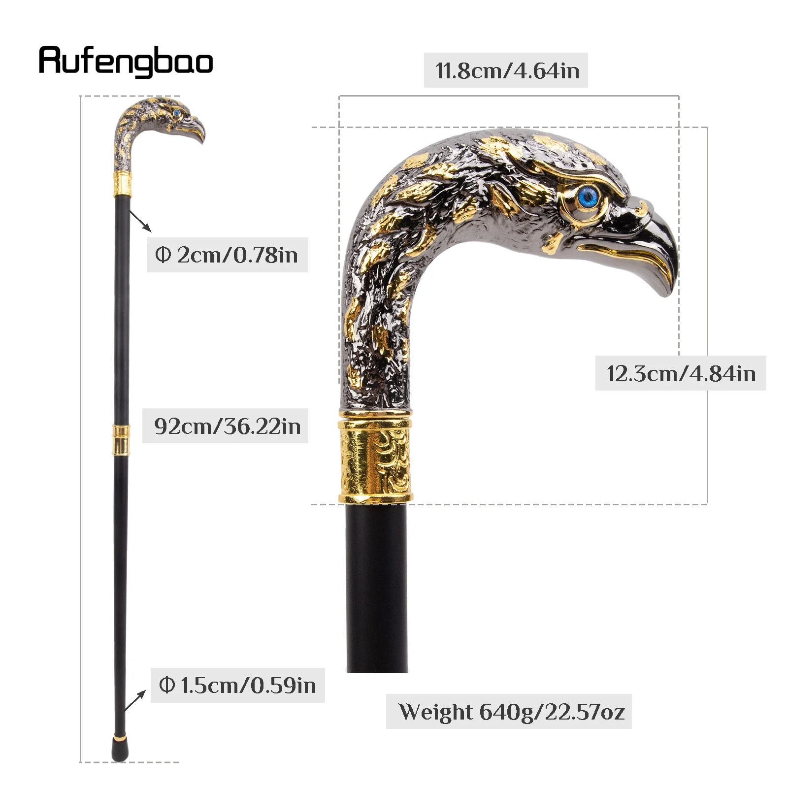 Golden Black Luxury Eagle Head Walking Cane Fashion Decorative Walking Stick Gentleman Elegant Cosplay Cane Knob Crosier 92cm