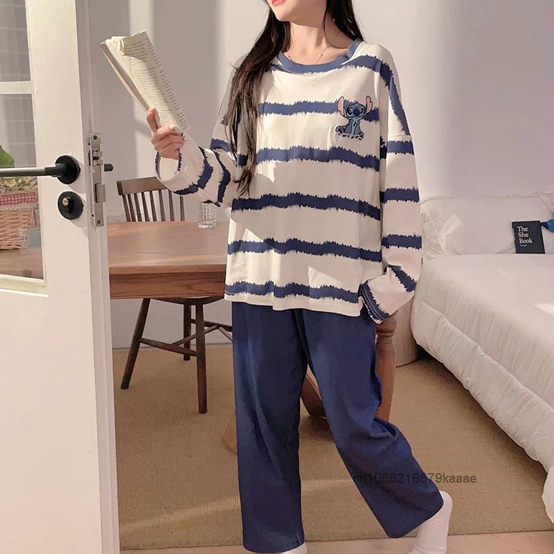 Disney Stitch Women Striped Chest Cushion Sleepwear Spring Autumn New Long Sleeved Pants Set Korean Style Cute Cartoon Home Wear