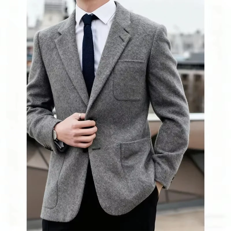 เสื้อสูทผู้ชายผ้าวูลผสม กระดุมแถวเดียว สไตล์หรูหรา สำหรับธุรกิจ ทรงเข้ารูป สไตล์ลำลองทันสมัย เสื้อโค้ททางการ เสื้อโค้ททวีดผู้ชาย