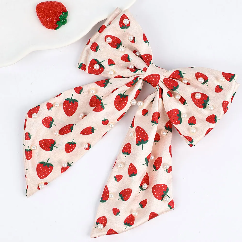 Fashion Chiffon Bow Hair Clip Elegant Women Pearl Hairpin Strawberry Print Korean Summer Headwear Girls Hair Accessories