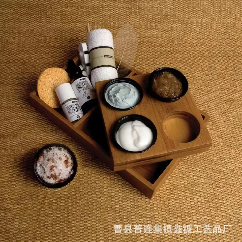 

Bamboo and wood with four slots Spa materials Wooden tray Essential oil Multi-grid storage tray Household spices