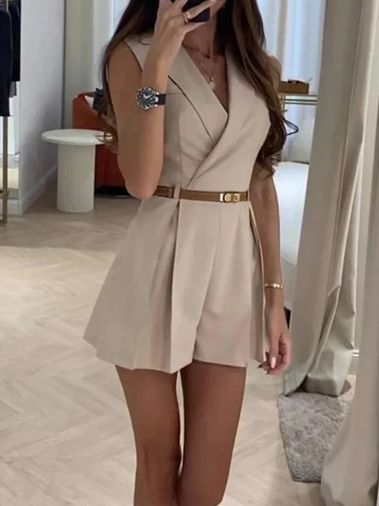 

Elegant Lady Turn-Down Collar Blazer Jumpsuit Summer Casual Solid Waist Shorts Romper Slim Playsuits Fashion Women's Jumpsuit