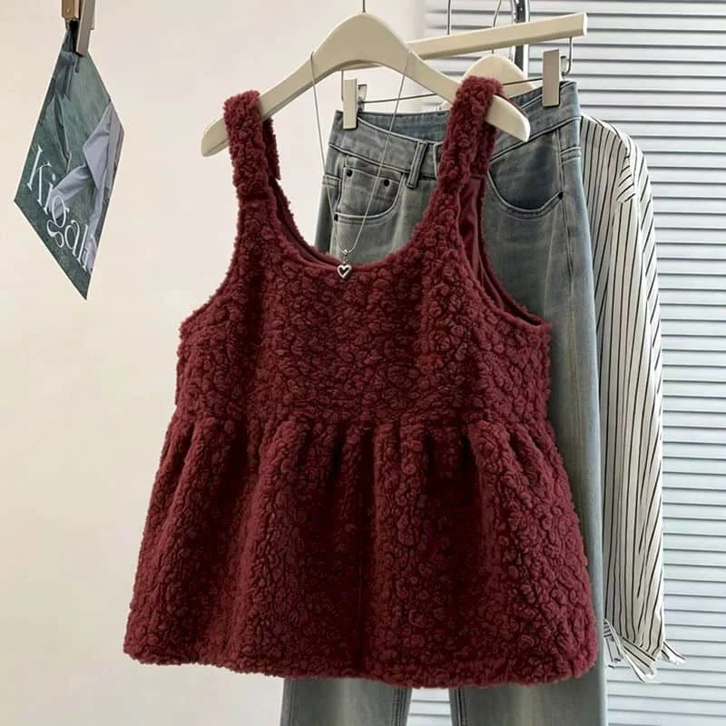 Strap Tank Tops for Women Fleece 2026 Autumn Winter A-line Age Reduction Vests Casual Sweet Sleeveless Cardigans Women Clothing