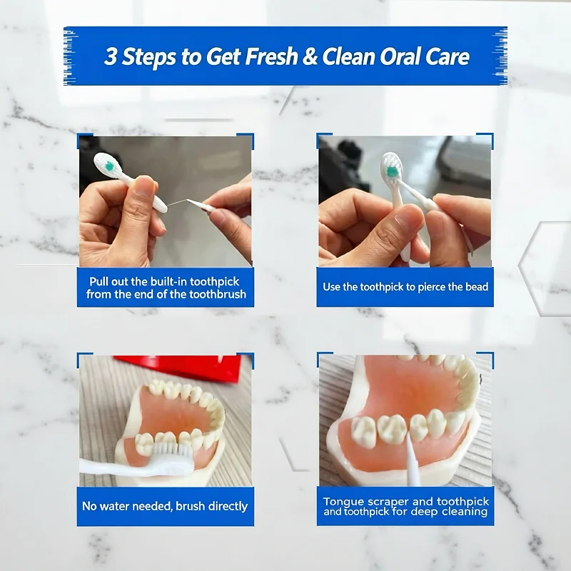 The Toothbrush Is Suitable for Travel and Camping. the Disposable Toothbrush Comes with a Built-In Toothpick at the End, Ensuring Your Mouth Is Always Clean and Fresh Without the Need for Rinsing or Mouthwash. It Is Co