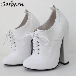 Sorbern White Matte Block High Heel Ankle Boots Women Chunky High Heels Pointed Toe Lace Up Slip On Small Size 33 34 35