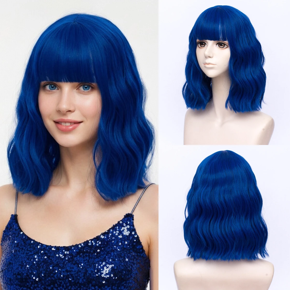 Dunkelblaue Kurze Wellige Lockige Synthetische Perücke mit Pony Bob-Perücken für Frauen Hitzebeständig Cosplay Alltag Party