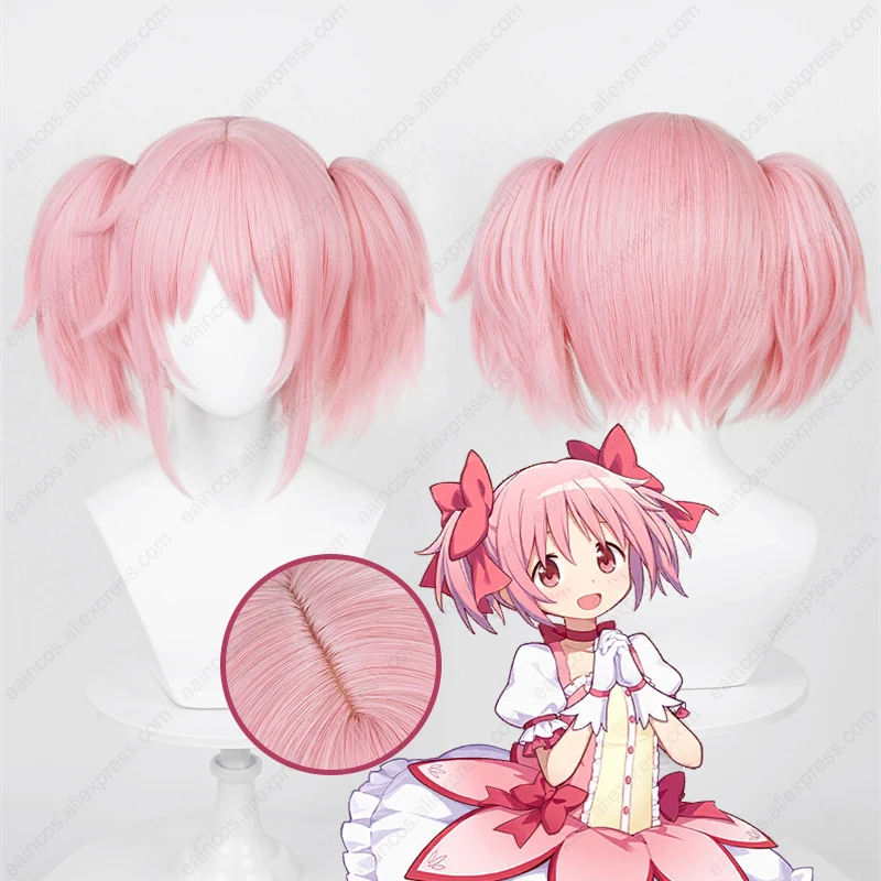 Anime Madoka Kaname Cosplay Wig 30cm Pink Ponytails Wigs Heat Resistant Synthetic Hair