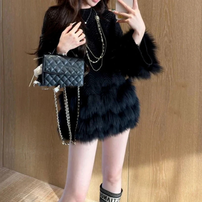 

Gentle Wind Fluff Splicing Pullover Sweater Women's 2025 Autumn and Winter New Loose Lazy High Sense