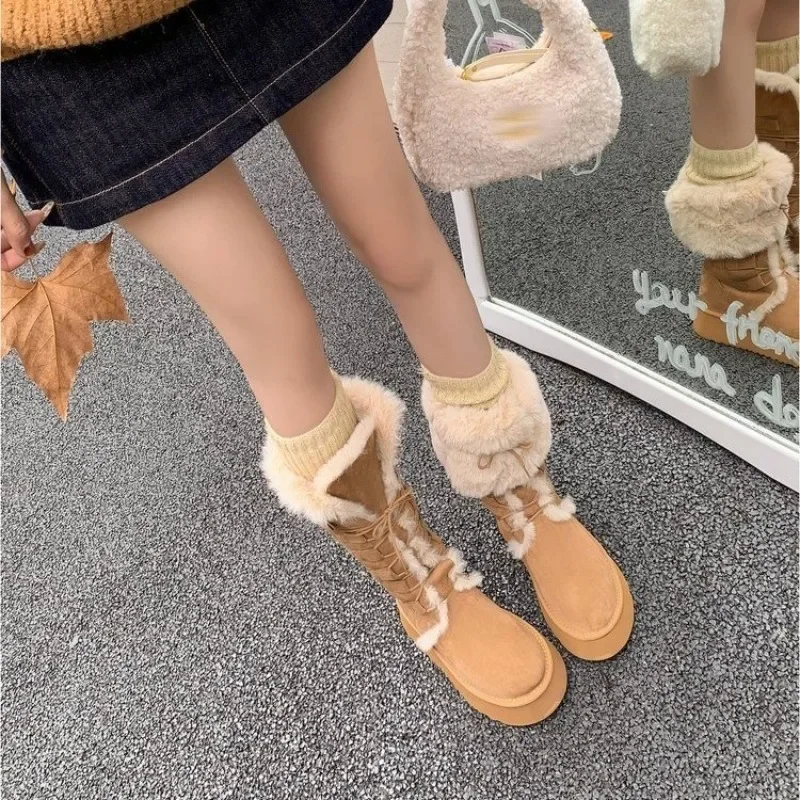 

Winter Cow Suede Mid-calf Low Heel Flat with Cross-tied Flange Women's Boots 2025 Waterproof Windproof Fashion Women's Shoes