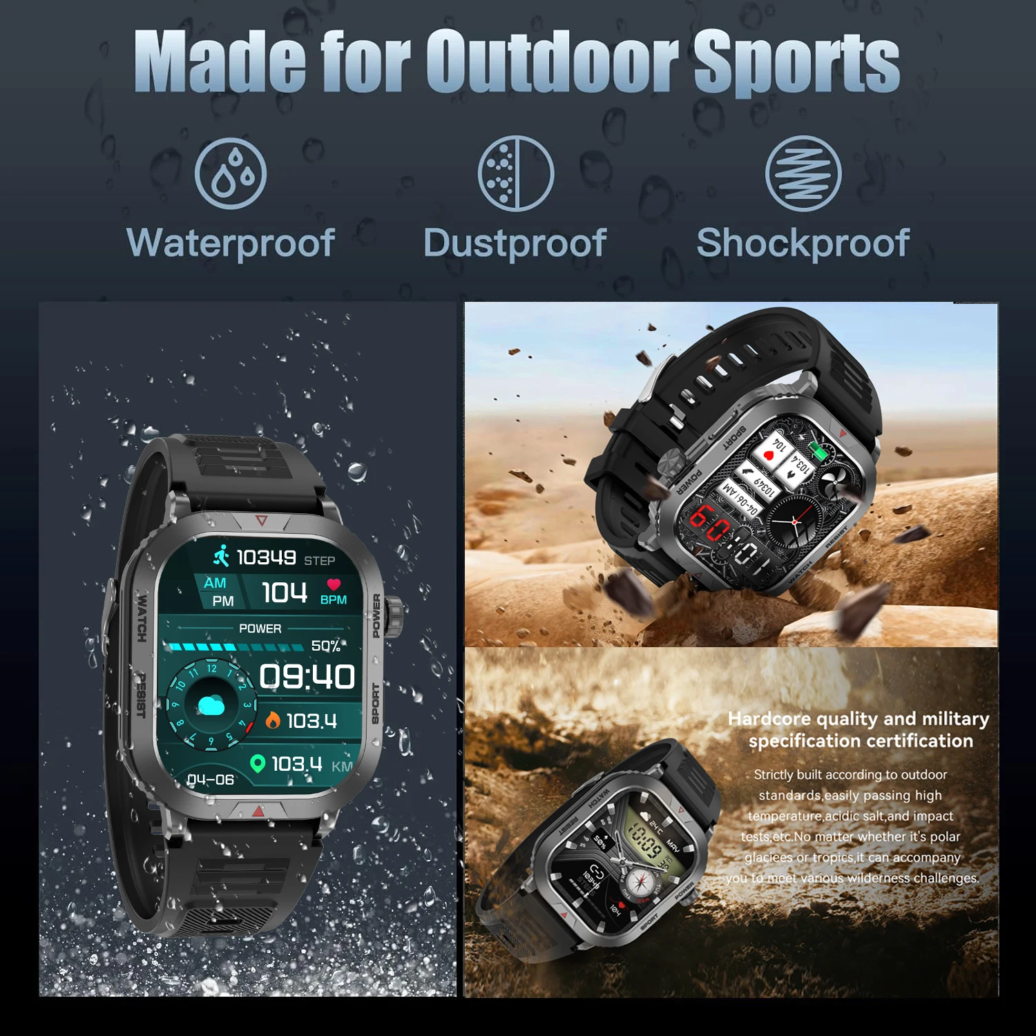 Military Smart Watch Men IP67 Waterproof Outdoor Sports Fitness Tracker Health Monitor 2.01 Inch BT Call Smart Watch for xiaomi