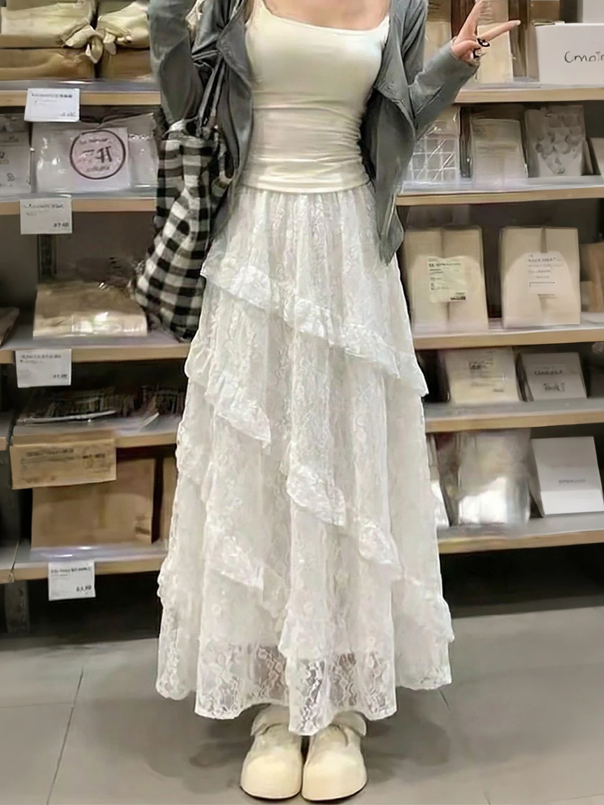 

White Asymmetrical Lace Tulle Cake Half Skirt Women's Summer Slim A-Line Skirt Draped Long Skirt Soft Comfortable Korean Style
