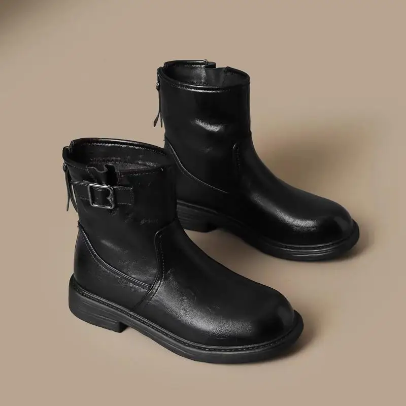 Damen Vintage Leder Stiefeletten Flache Ankle Boots Reißverschluss Hinten Schnalle Runde Spitze Bequeme Herbst Wanderschuhe Kurze Stiefel Weich Niedriger Absatz Retro Schnallenstiefel Freizeit – Detail 3