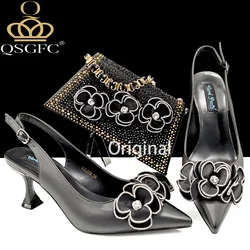 QSGFC Women Heels Elegant Flower Decoration Pure Wlack Color Small size Shoes And Bag Full rhinestone Wedding Handbag