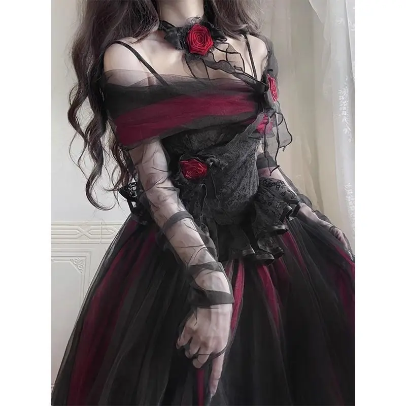 Japanese Dark Gothic Lolita Style Dress Women Sweet Elegant Lace Mesh Slash Neck Princess Long Dress Female Evening Party Dress