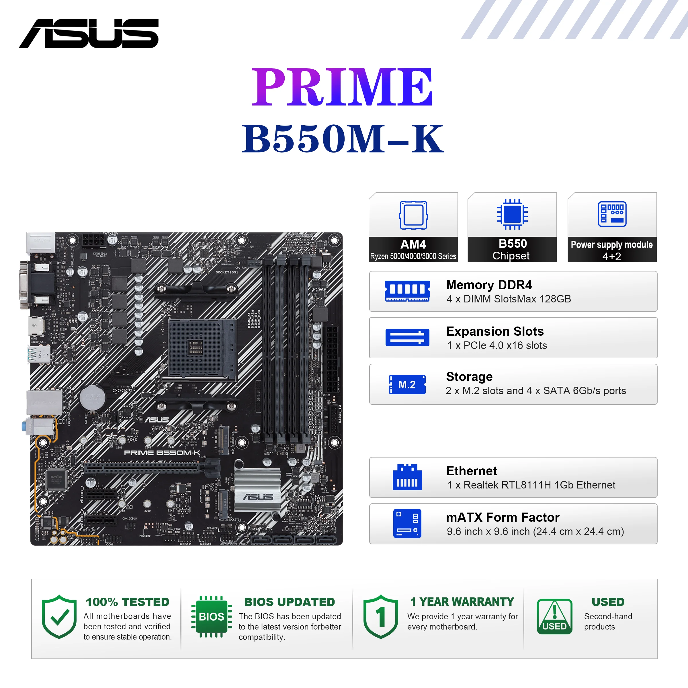 ASUS PRIME B550M-K Placa base Socket AM4 CPU DDR4 4866(OSC) Memoria Chipset B550 mATX Placa base