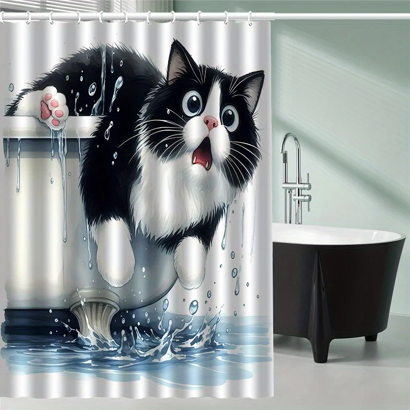 Cute Black and White Cat Shower Curtain Cat Falling into Water Splash Humor Art Pet Lover Decor Waterproof Fabric Bath Curtain