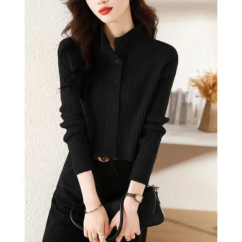 Autumn Winter New Women's Solid Color O-Neck Cardigan Coats Fashion Versatile Screw Thread Casual Long Sleeve Sweaters Tops
