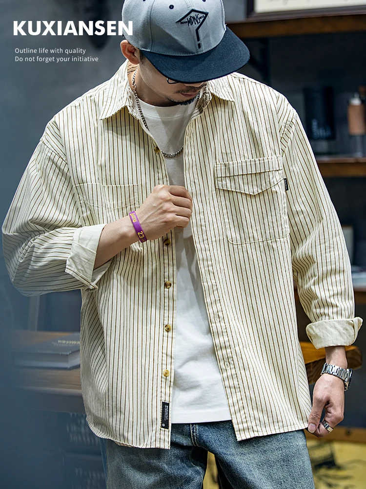 Pure Cotton Striped Long Sleeve Men's Shirt Loose Casual Style Autumn Fashion Outerwear American Casual Coat Trendy