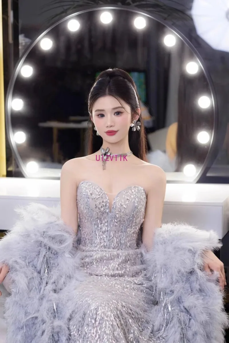 Vestidos de noche elegantes sin tirantes con lentejuelas para mujer con chal, vestido de fiesta con cuentas de lentejuelas, vestidos largos sexis de sirena para novia