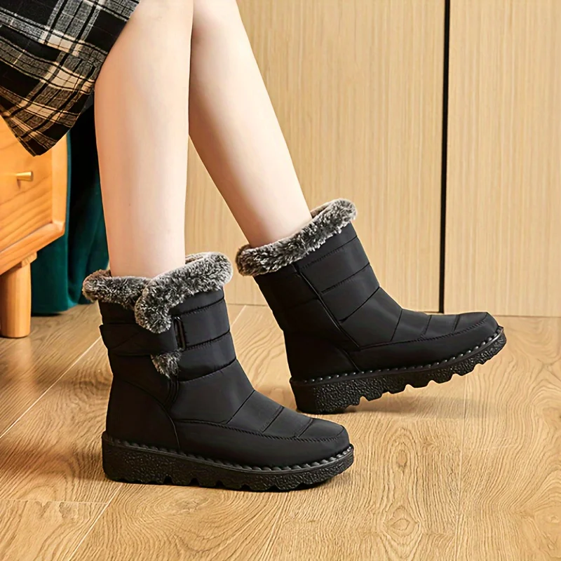 Women Winter Mid Calf Snow Boots Thick Plush Lined Warm Booties Magic Strap Waterproof Non Slip Flat Sole Thermal Shoes for Daily Walking Cold Weather Black Navy Wine Red Multi Colors Ladies Casual Winter Footwear view 7