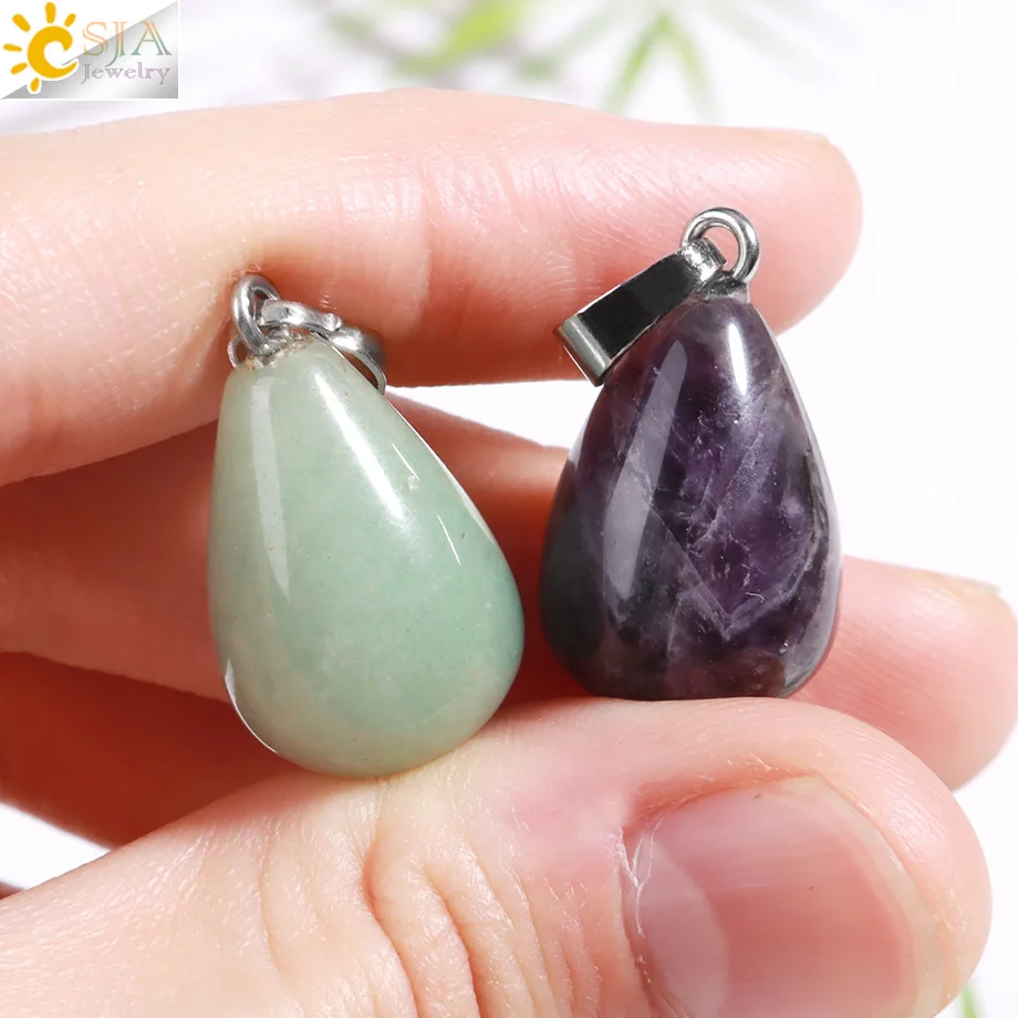 CSJA Natural Stone Water Drop Pendant Pear Shape Bead Purple Crystal Pink Quartz Simple Pendants for Necklace Women Jewelry F520