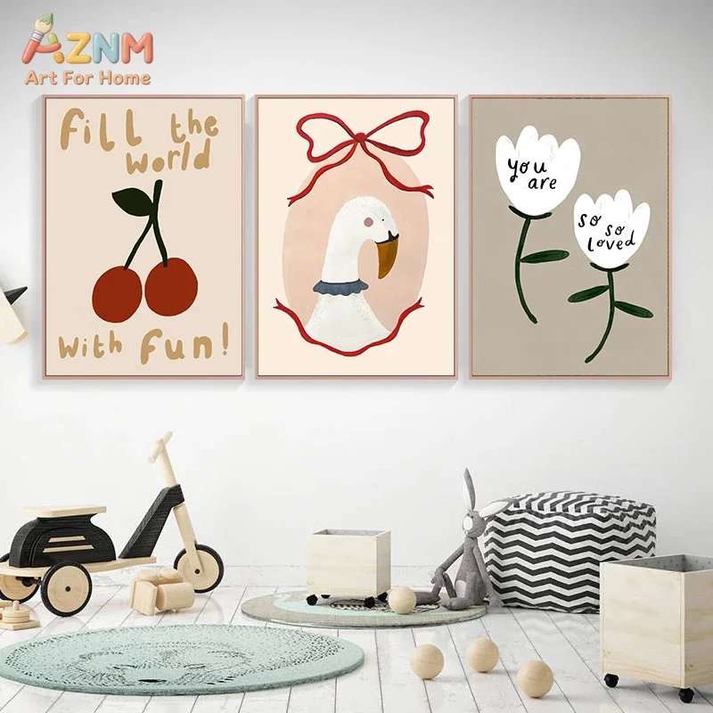 AZNM Cartoon Cute Animal Canvas Wall Art Bear Rabbit Cat Dog Abstract Hand Drawn Kids Room Decor Poster Unframed Canvas Painting
