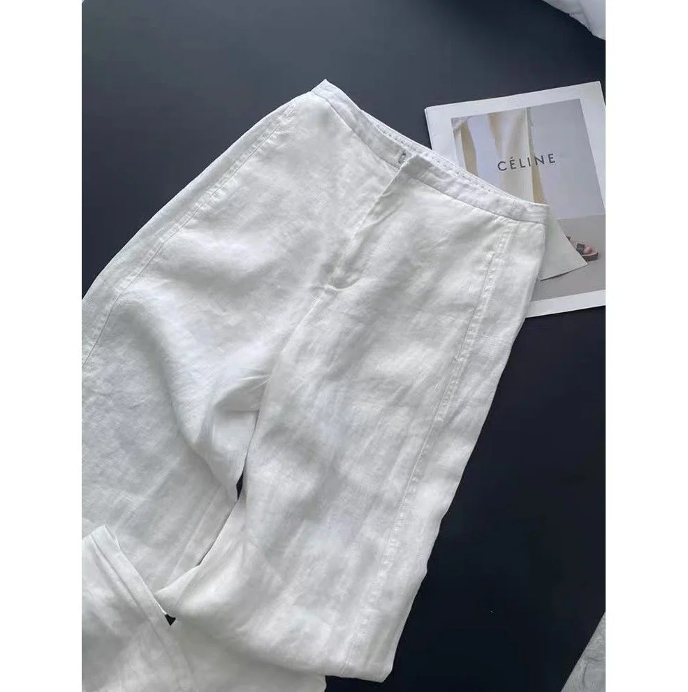 Elegant High Waist Wide Leg Cotton Linen Pants Women's Straight Cut Simple Style Summer Commute Trousers White Casual Pants