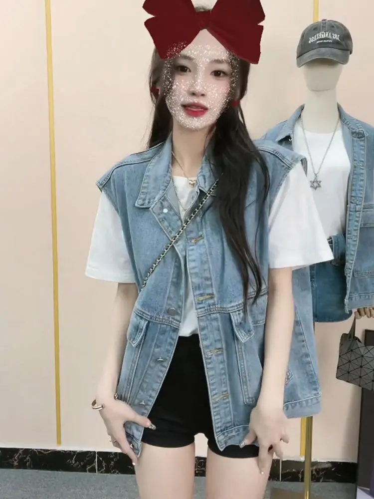 Gilet di jeans stile coreano 2025, giacca senza maniche oversize da donna, capispalla casual primavera estate