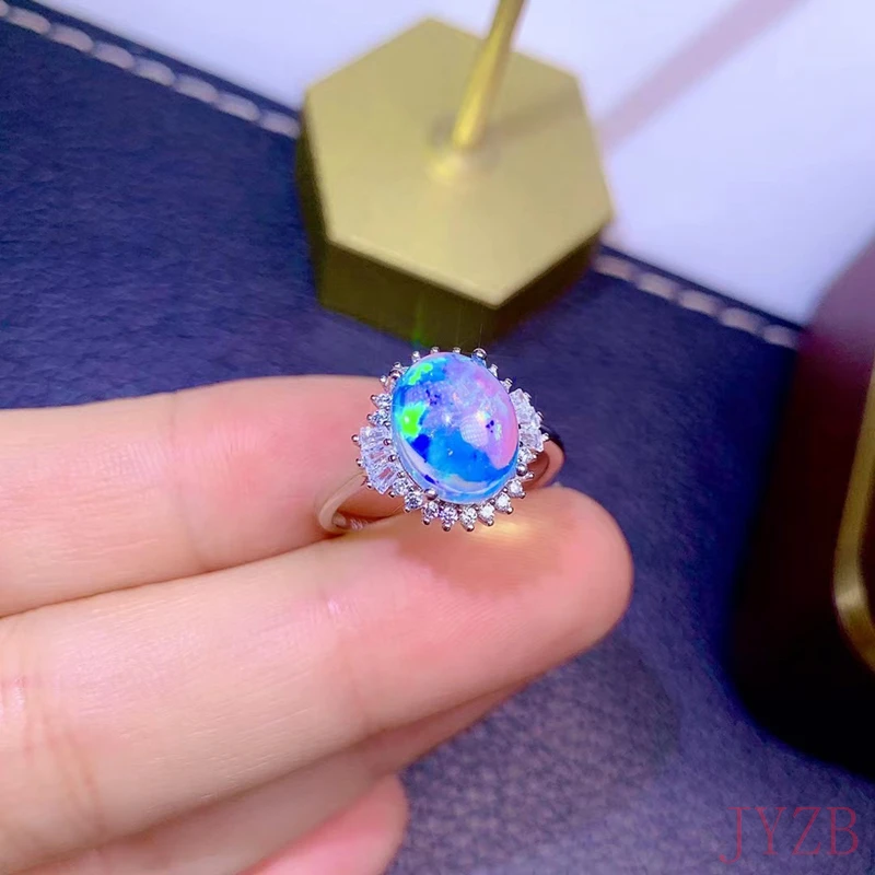 Natural opal woman rings change fire color mysterious 925 silver adjustable size 8*10MM