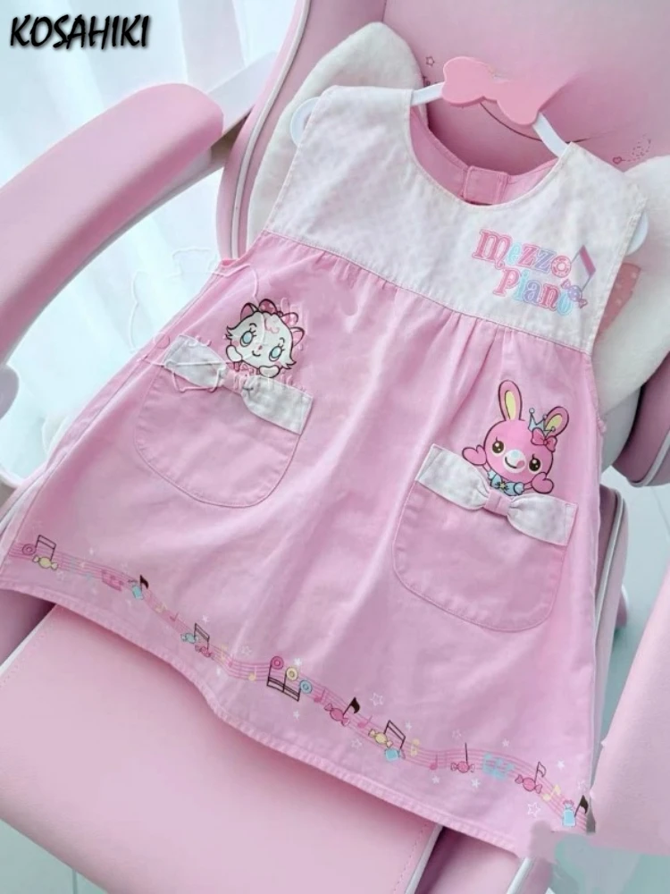 

Летние японские топы с мультяшным принтом Kawaii Y2k, эстетические милые милые лоскутные футболки трапециевидной формы, 2025 г., футболки без рукавов с карманами в стиле гранж
