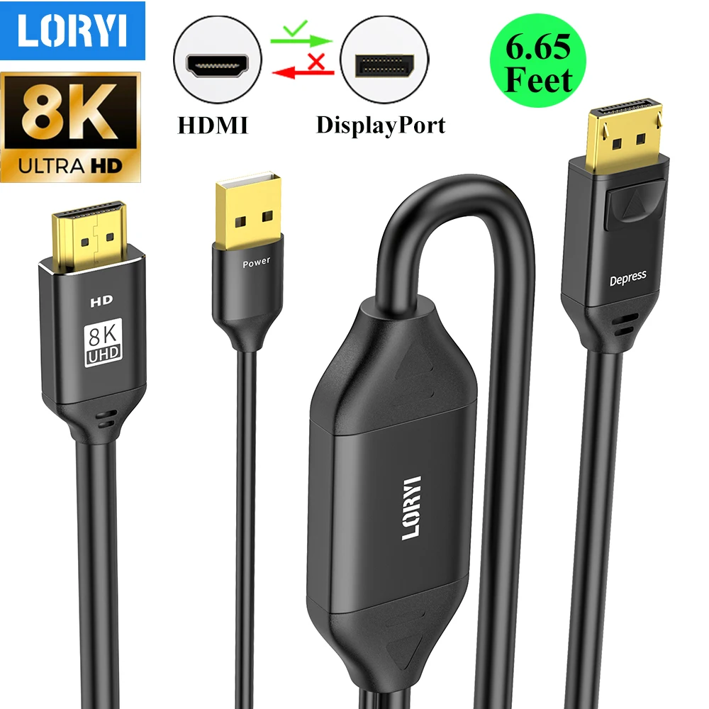 LORYI 8K 30Hz HDMI to DisplayPort Adaptor Cable 6.6Ft HDMI Source To Display Port Monitor Video Converter Cable For PS4/5 TV Box