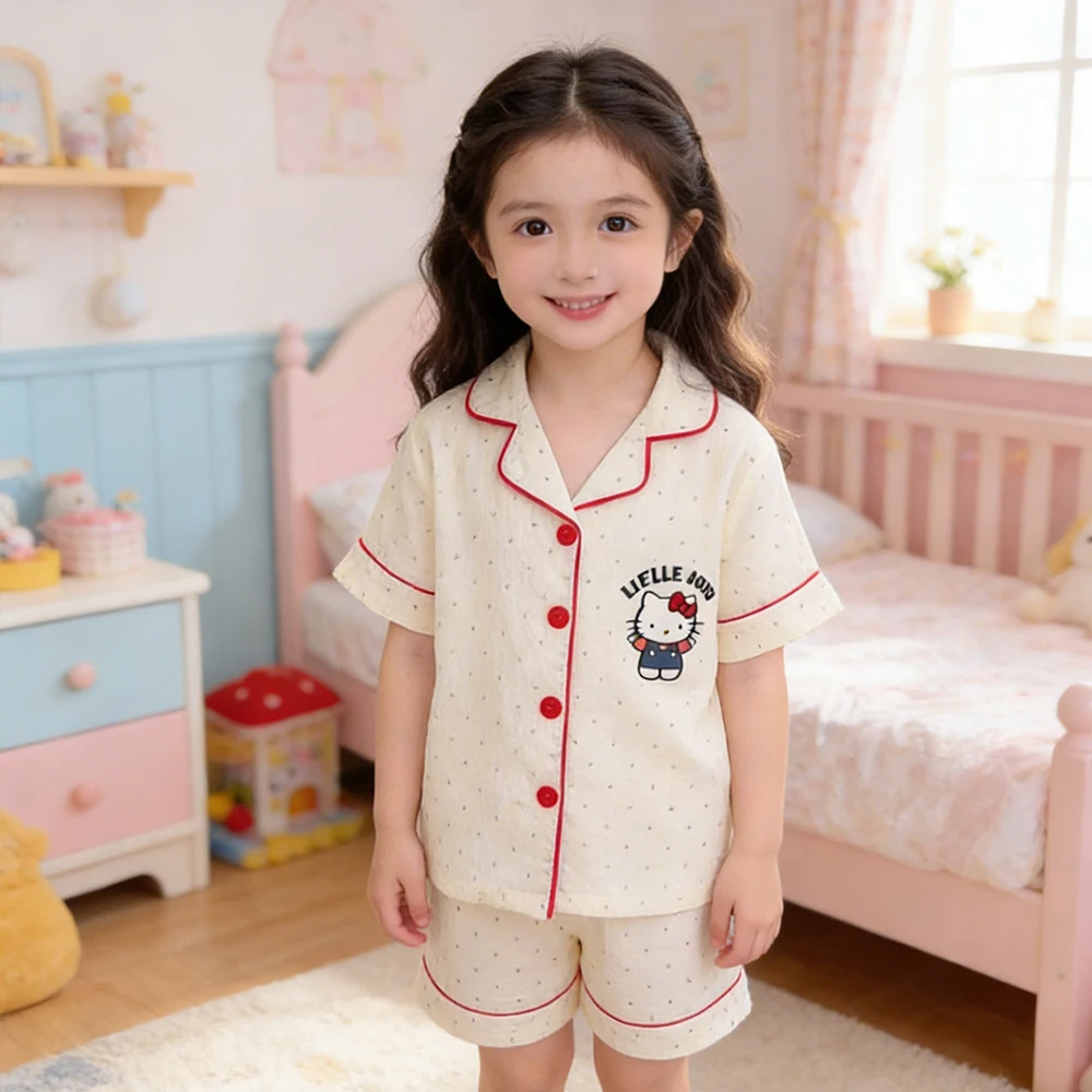 

Аниме-пижамный комплект Kawaii Hello Kitty для девочек, мягкая дышащая пижама на пуговицах, милый летний домашний костюм из 2 предметов с мультяшным принтом