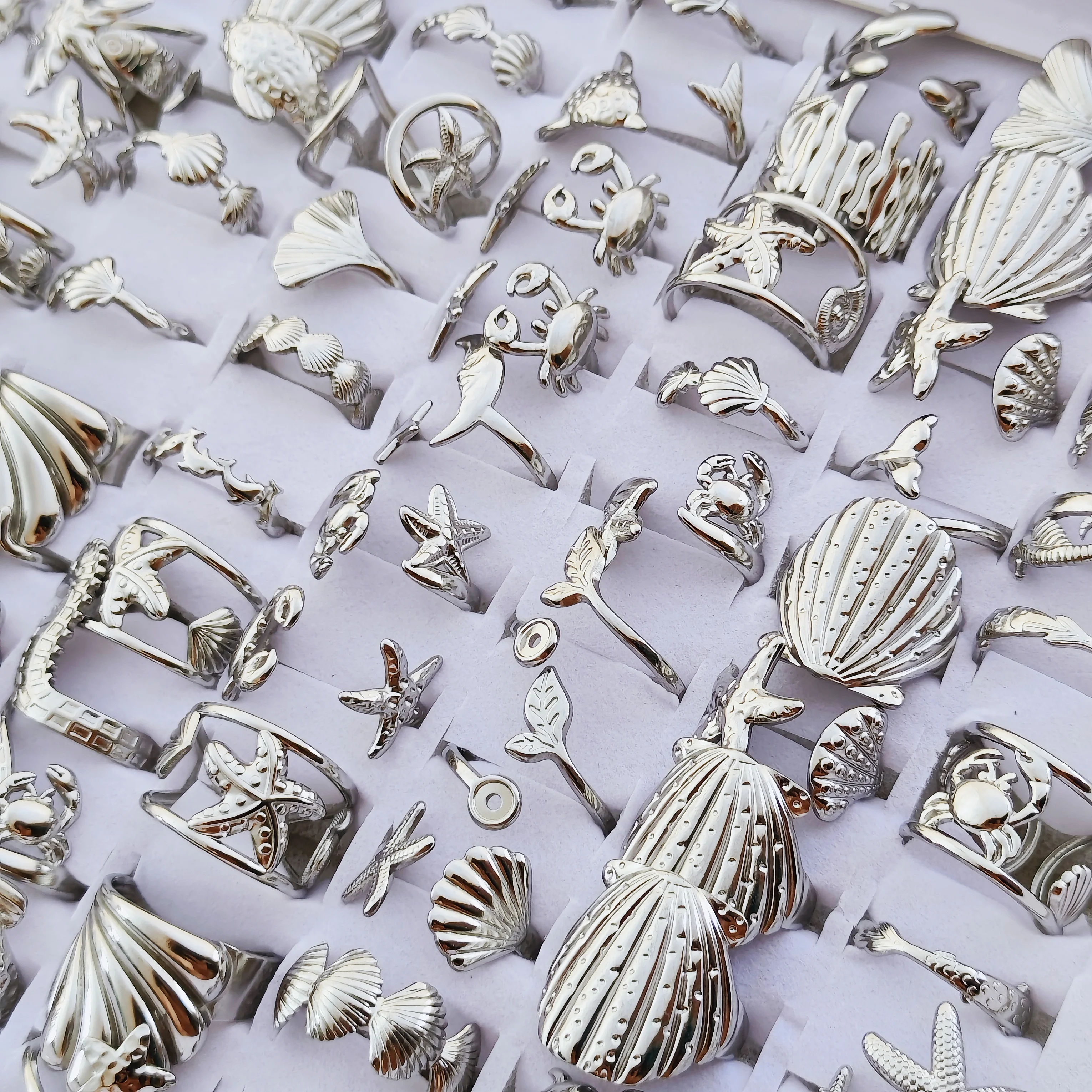 10 Stück verstellbare Ringe aus Edelstahl für Damen und Herren, Ozean-Tier- und Pflanzen-Themen-Schmuck, Großhandelsgeschenke – Detail 9