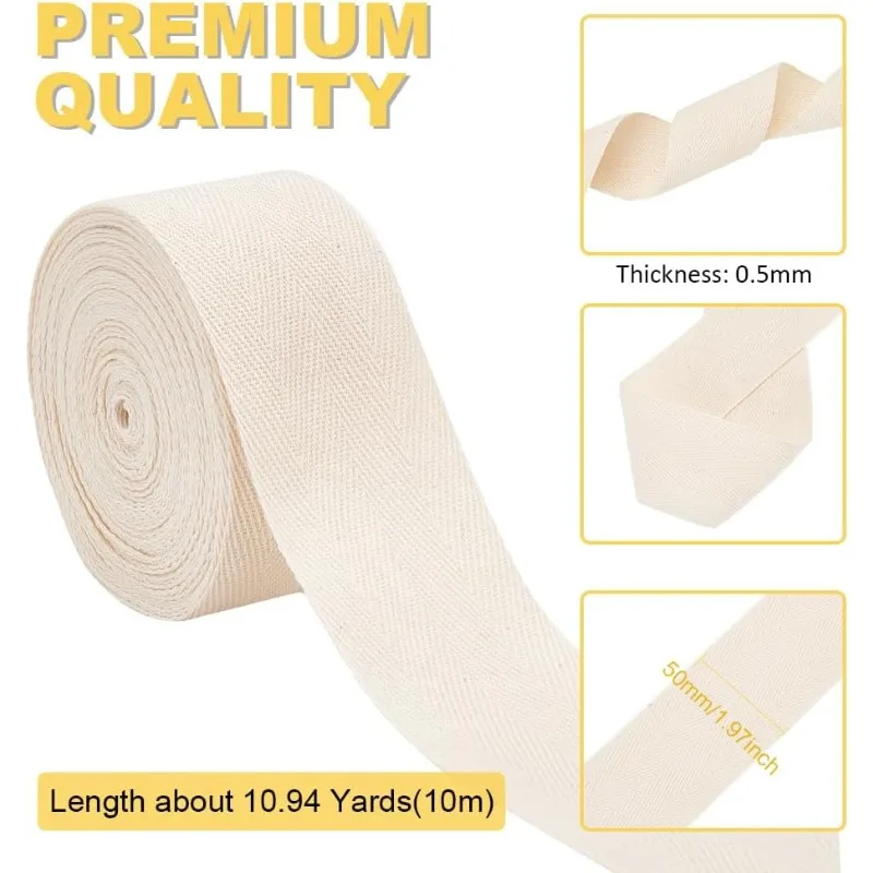 1 Roll Cotton Twill Tape Ribbon Beige Herringbone Cotton Ribbon Webbing Soft Natural Webbing Tape Roll for DIY Craft Sewing