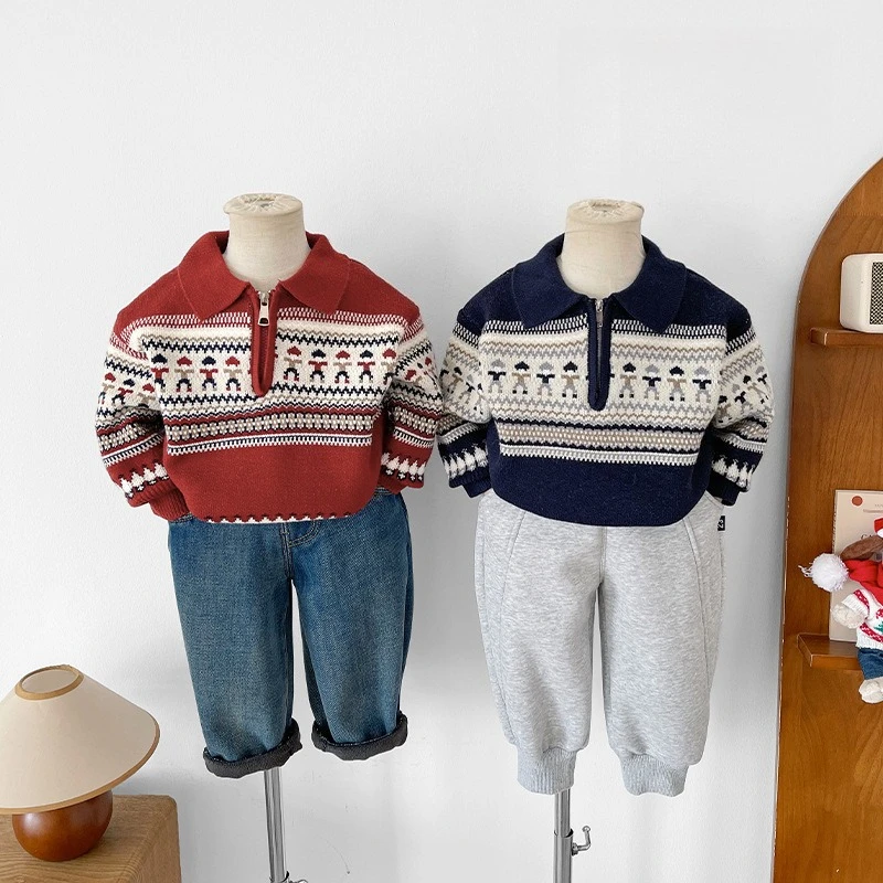 

2025 Winter New Children's Clothing Children's Thickened Christmas Red Sweater Boys and Girls Lapel Cartoon Knitted Sweater