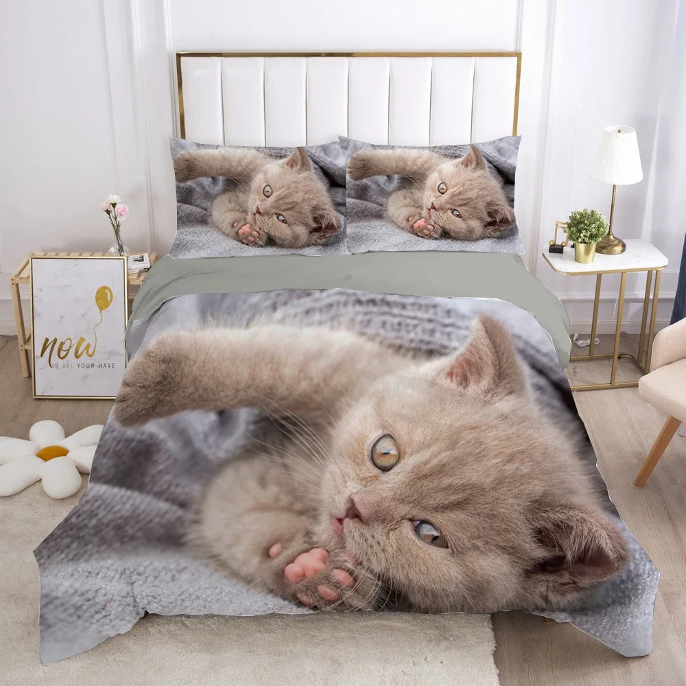 Cat Duvet Cover Set Lovely Animal Kitten Printed Quilt Cover Kids Teens Girl Animal Double Queen King Size Polyester Bedding Set