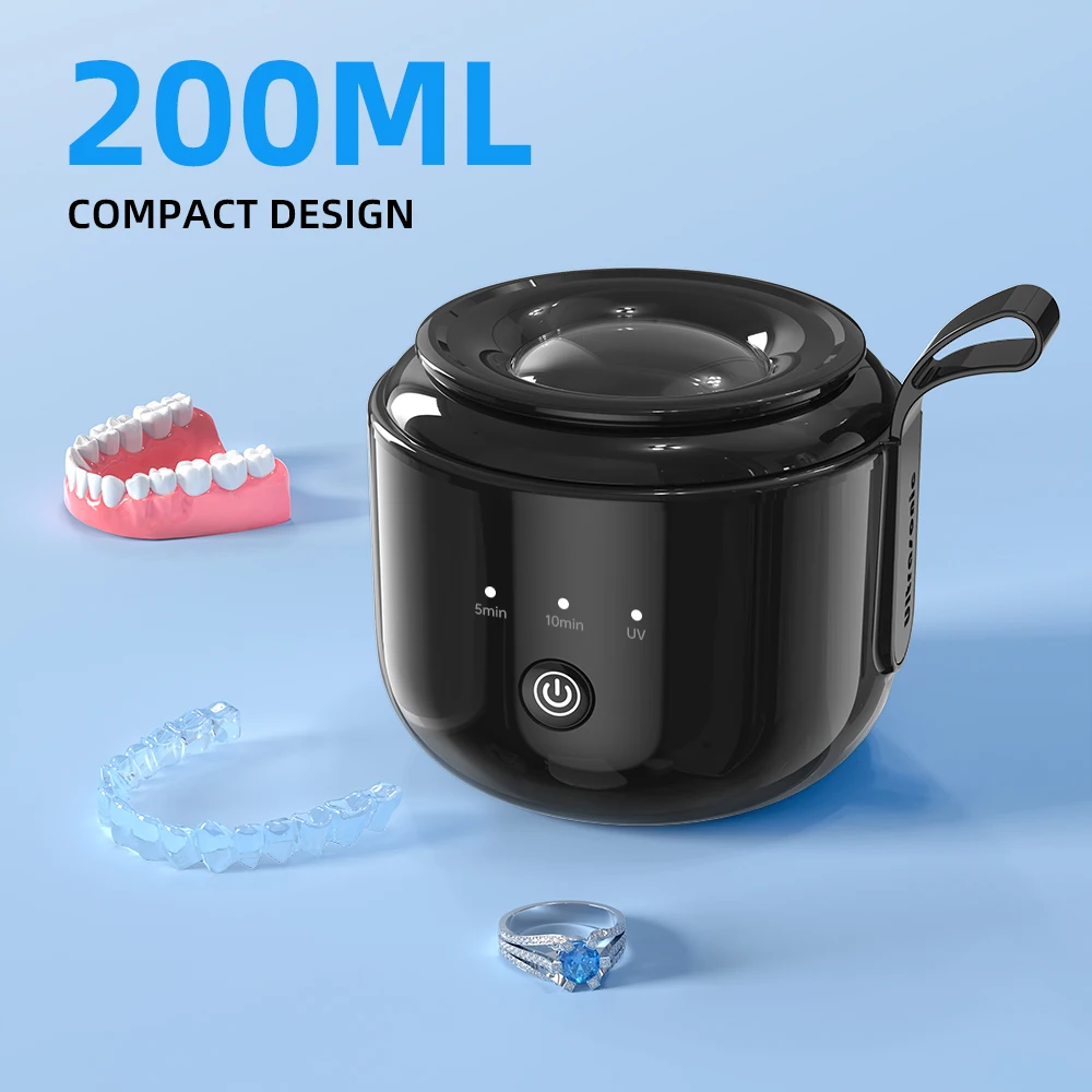 KUNPHY 48kHz Ultrasonic Retainer Cleaner Machine 200ML UV Denture Pod Cleaner 3 Modes with Battery USB for Aligner Jewelry More