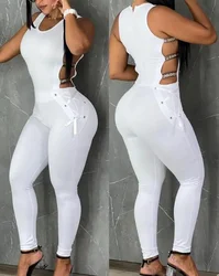 Vrouwen Jumpsuit 2023 Zomer Mode Brief Patroon Mouwloze Sexy Ladder Uitgesneden Ronde Hals Skinny Dagelijkse Lange Jumpsuit Streetwear