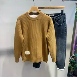 2024 Autumn Winter New Round Neck Casual Knitted Sweater Fashion Label Men's Pullover Solid Color Warm and Versatile Sweater