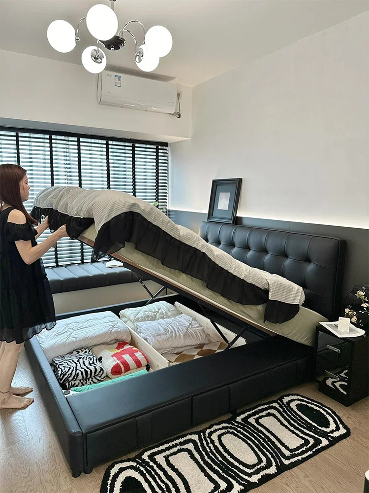 Leather bed retro waffle bed minimalist antique master bedroom solid wood soft modern simple light luxury